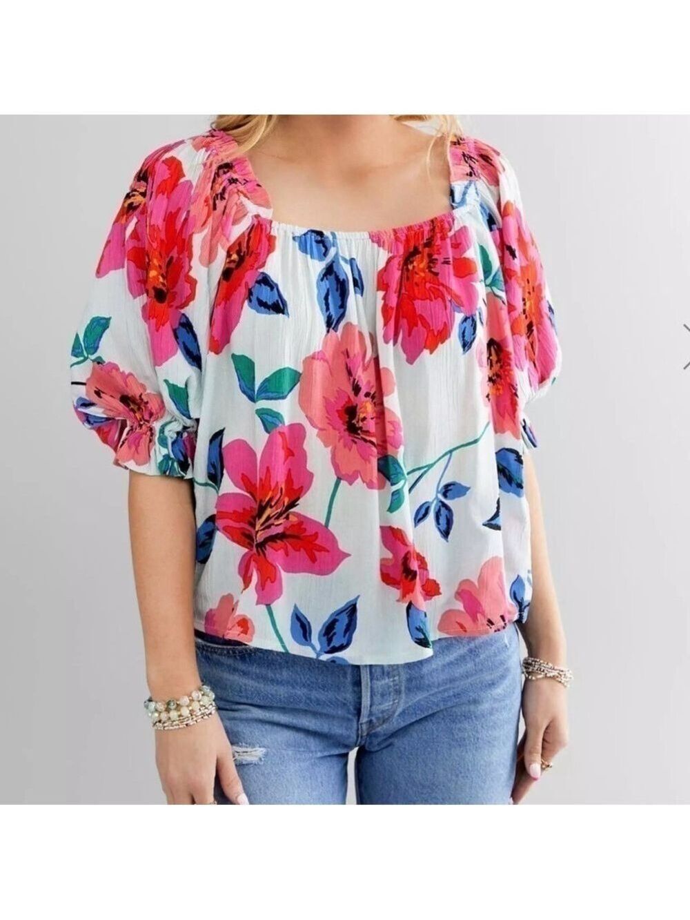 Billabong Women's Floral Woven Puff Poplin Top Her Size Small